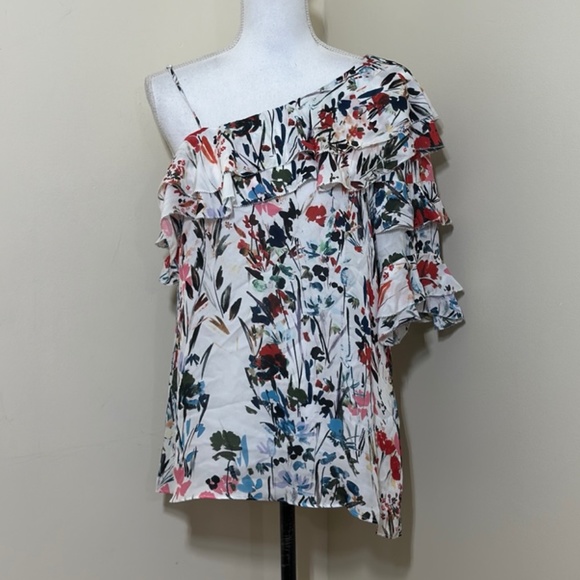 Parker Clayton || Woman’s Ruffle Watercolor Floral Silk Top size Med - Picture 3 of 13